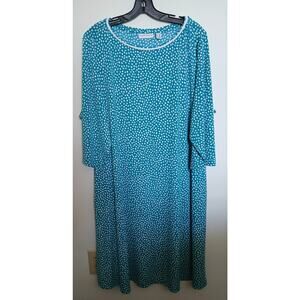 Susan Graver Teal Green White Polka Dot Loose Dress 2X Smooth Knit 3/4 Sleeve